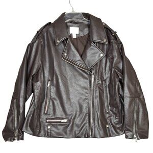 H&M Mens Faux Leather Motorcycle Jacket Size XXL Brown Zippers Biker Greaser